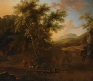 An Italianate Wooded River 
Landscape With Shepherds And Their Herd Of Goats In The Foreground, Two 
Travellers And A Donkey On The Bridge Beyond by Frederick De Moucheron