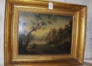 Figure On Horseback Before A Lakeside Castle by Frederick De Moucheron