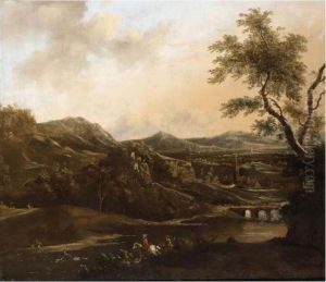 A Stag Hunt In A River Landscape With A View Of A City Beyond