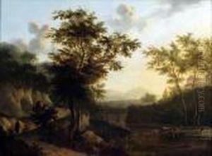 Anitalianate Landscape With
Cattle Watering By A River, Figures Andpack Horses On A Road, Mountains
Beyond by Frederick De Moucheron