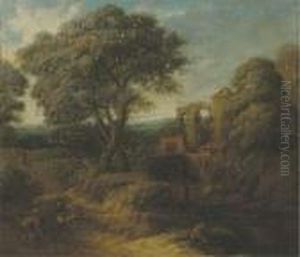 A Wooded Landscape With Figures On A Path