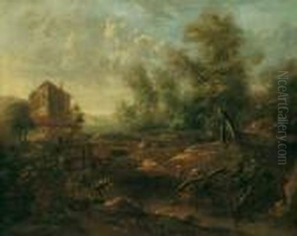 Sudliche Landschaft Mit Jagern 
Und Fischern. Signiert Unten Rechts: Moucheron F. Ol Auf Leinwand. H 93;
 B 115 Cm. Provenienz: Ehemals In Niederlandischem Adelsbesitz. 
Moucheron, Schuler Von J. Asselyn, Malte Italienisierende Waldige 
Berglandschaft - view 1
