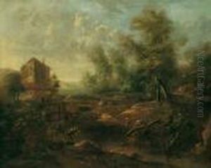 Sudliche Landschaft Mit Jagern 
Und Fischern. Signiert Unten Rechts: Moucheron F. Ol Auf Leinwand. H 93;
 B 115 Cm. Provenienz: Ehemals In Niederlandischem Adelsbesitz. 
Moucheron, Schuler Von J. Asselyn, Malte Italienisierende Waldige 
Berglandschaft