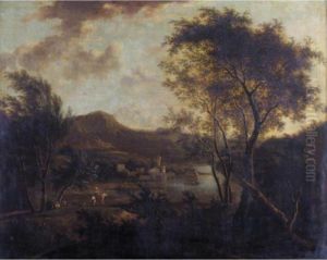 An Extensive Wooded River Landscape With Travellers by Frederick De Moucheron