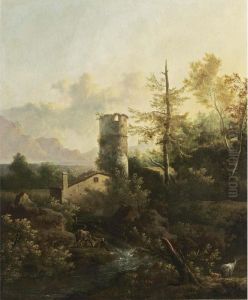 A Mountainous Wooded River Landscape With A Watermill And A Tower by Frederick De Moucheron