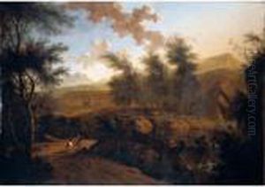 An Extensive Italianate Landscape With Mounted Travellers In The Foreground by Frederick De Moucheron