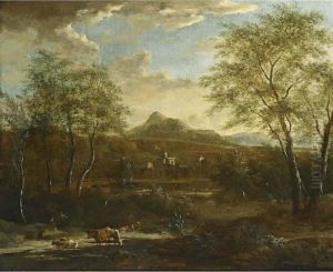 An Extensive Wooded Landscape With Shepherds Watering Their Flock In A Stream by Frederick De Moucheron