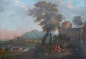 An Italianate Landscape With Elegant Couple And A Drover