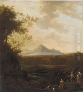 An Extensive River Landscape With A Goatherd Playing A Pipe And Twopeasants Dancing by Frederick De Moucheron