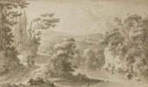 Travellers In An Extensive Landscape by Frederick De Moucheron