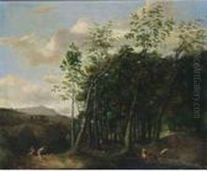 A Wooded Landscape With A Deer Hunt by Frederick De Moucheron