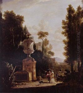 Italian Wooded Landscape With Figures On A Path by Frederick De Moucheron