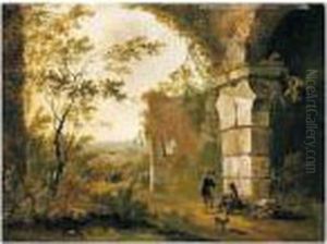 A Southern Landscape With Travellers Resting Among Ruins by Frederick De Moucheron