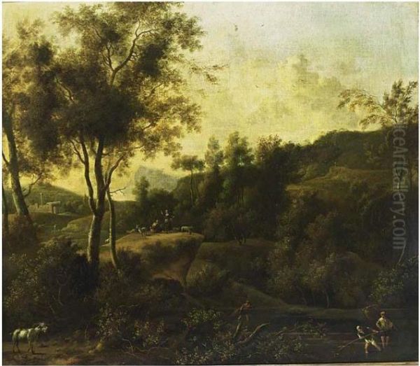 A Southern Wooded Landscape With
Fishermen In A Stream And Shepherds With Their Herd In The Background - view 1