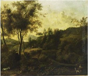 A Southern Wooded Landscape With
Fishermen In A Stream And Shepherds With Their Herd In The Background by Frederick De Moucheron