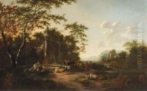 Shepherds With Cattle And Sheep By A Fountain In An Italianatelandscape, At Sunset