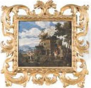 Un Cavaliere Ed Astanti Vari Presso Un Casolare Rustico by Frederick De Moucheron