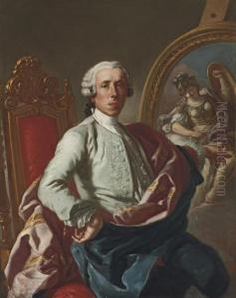 Portrait Of The Artist,
Three-quarter-length, Seated, Holding A Pencil, At An Easel With A
Picture Of Minerva - view 1