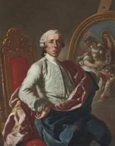Portrait Of The Artist,
Three-quarter-length, Seated, Holding A Pencil, At An Easel With A
Picture Of Minerva by Francesco de Mura