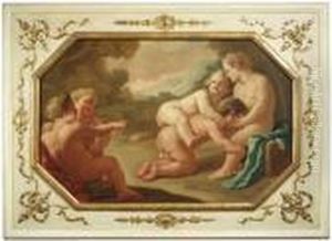 De. Putti Playing Blindman's
Buff. A Supraporte. The Attribution Has Been Confirmed By Nicola
Spinosa, Napels. Oil/canvas/canvas.#1provenance: Old Hessian Private
Collection by Francesco de Mura