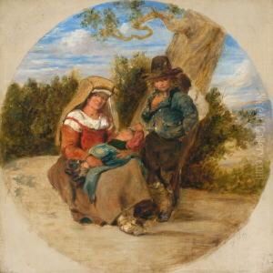 Italienische Bauerin Mit Knabe Und Kleinkind An Einem Baum Vor Buschlandschaft Italienische Bauerin Mit Knabe Und Kleinkind An Einem Baum Vor Buschlandschaft