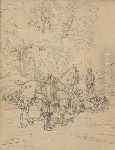 Piqueux En Tenue Louis Xv Et La Meute En Foret by Charles Olivier De Penne