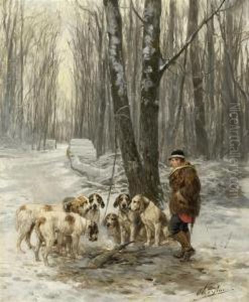 Winter Landscape With A Hunter Resting Together With His Dogs - view 1