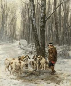 Winter Landscape With A Hunter Resting Together With His Dogs Winter Landscape With A Hunter Resting Together With His Dogs