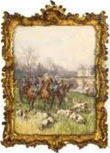 Equipage En Tenue Louis Xv Devant Le Chateau De Bourron by Charles Olivier De Penne