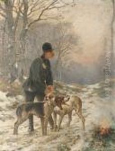 A Huntsman With Hounds In A Winter Landscape by Charles Olivier De Penne