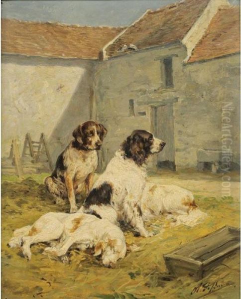 Chiens Dans Une Cour De Ferme [; Dogs In The Courtyard Of A Farm, Oil On Panel, Signed.] - view 1