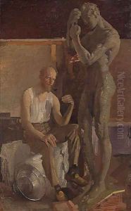 The artist and the Geelong memorial figure (Self portrait) by George Lambert