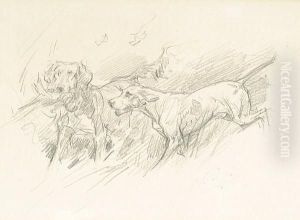 A Sketch Of Dogs In A Field, One Retrieving A Bird