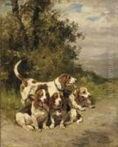 Hunting Dogs On A Forest Path by Charles Olivier De Penne
