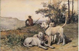 Chasseur Et Chiens De Chasse Au Relais En Espagne by Charles Olivier De Penne