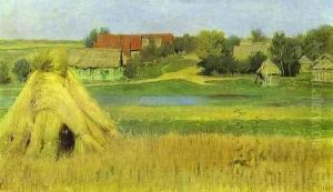Sheaves and a Village Beyond the River 1885 by Isaak Ilyich Levitan