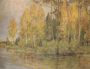 A wooded river landscape with silver birches