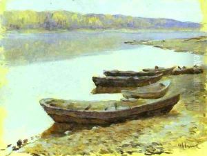 Landscape on the Volga Boats by the Riverbank