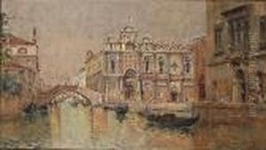 A Venetian Canal Scene With Gondolas In The Foreground by Antonio Maria de Reyna