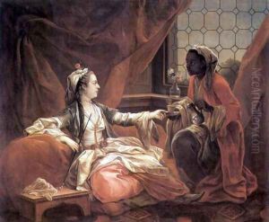 Sultain woman with a cup of coffee over a slave by Carle van Loo