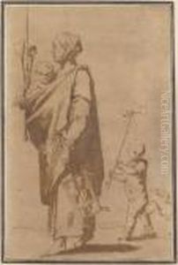 A Mother Carrying A Child And Kitchen Utensils, Followed By A Boy And A Dog