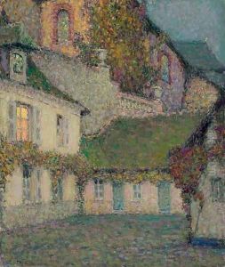 La maison sous l'eglise au crepuscule by Henri Eugene Augustin Le Sidaner