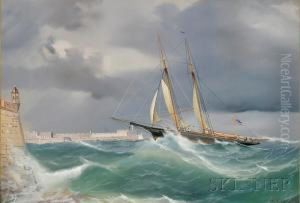Portrait Of An American Schooner Yacht Entering Valletta Harbor, Malta.