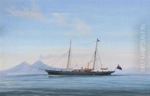 A British Steam Yacht In The Bay Of Naples, With Vesuvius Beyond
