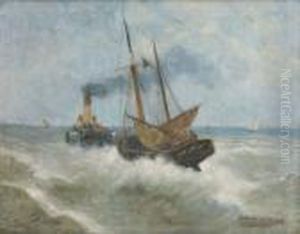 Vapeur Et Bateau De Peche Enmer Du Nord by Gustave De Smet