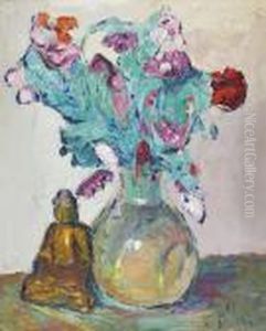 Nature Morte Au Bouquet De Fleurs Et Au Boudha En Bronze