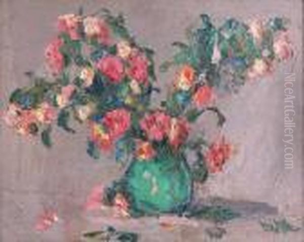 Bouquet De Roses Dans Un Vase Vert, Au Dos, Portrait Defemme - view 1