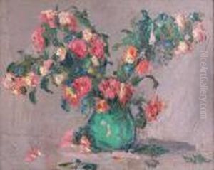 Bouquet De Roses Dans Un Vase Vert, Au Dos, Portrait Defemme by Vladimir De Terlikowski
