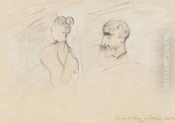 2 Caricature Sketches Of A Matronly Woman And Moustachioedelderly Man On One Sheet - view 1