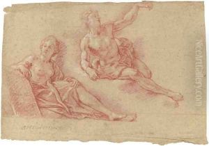 A reclining allegorical figure of Architecture with a reclining nude lifting his arm